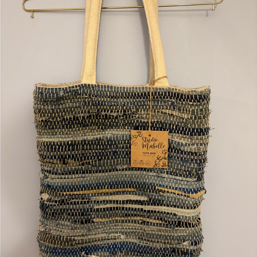 Blue and Beige Woven Up cycled Tote. The tote is 35” long and 15” wide